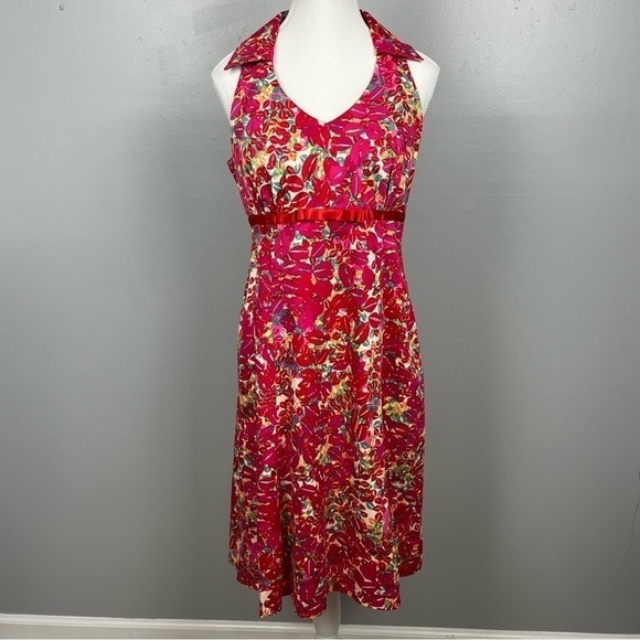 Sangria Y2K style collared halter side zip red fuchsia floral dress, 8. - Picture 1 of 8